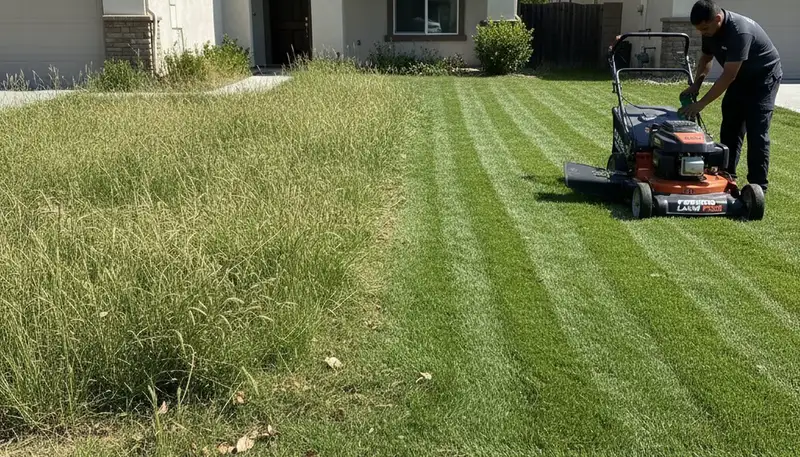 Before and after lawn mowing showing trimmed green yard transformation by Fresno, CA landscaping experts