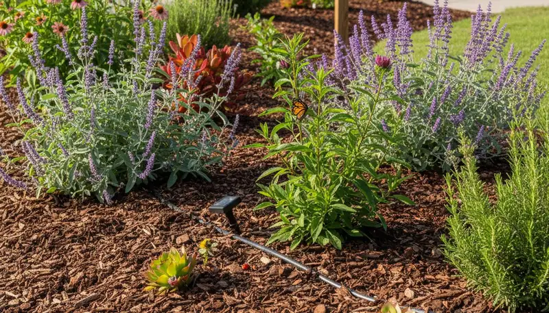 Organic landscape beds with mulch and native plants in Fresno, CA by Chop Chop Landscaping