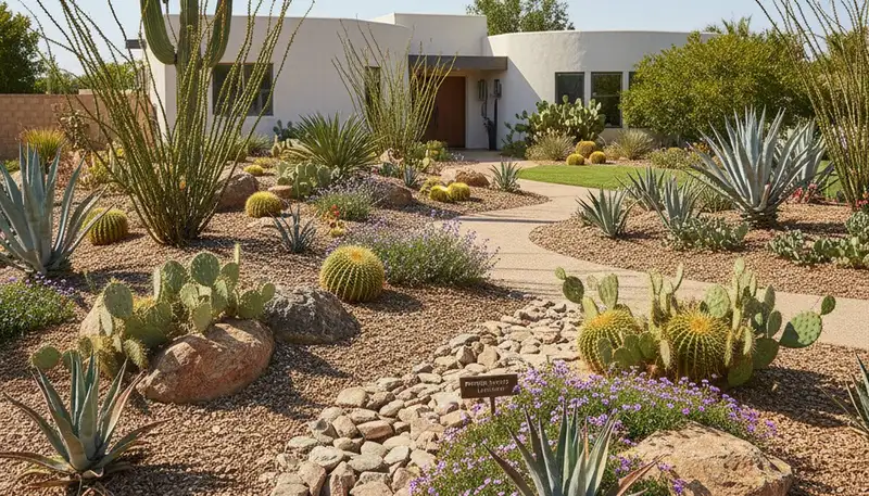 Professional desert landscape design with native plants and rock mulch in Fresno, CA yard