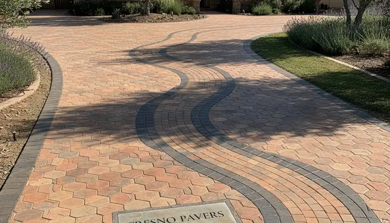 Curved paver driveway design by professional landscapers in Fresno, CA showcasing expert craftsmanship