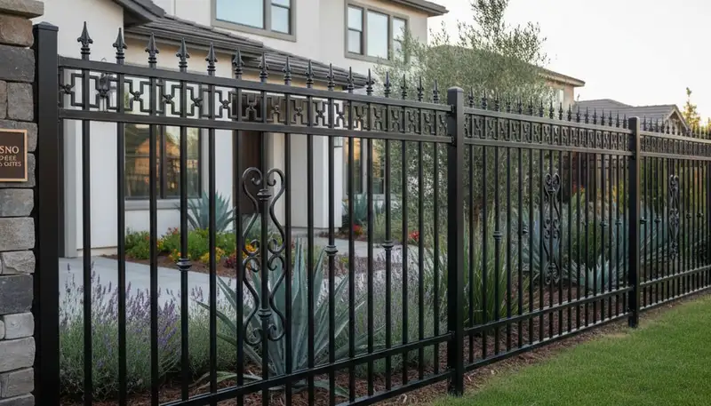 Black ornamental metal fence installation with decorative design by landscapers in Fresno, CA