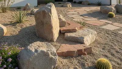 Decorative rock and boulder desertscape installation by landscaping experts in Fresno, CA