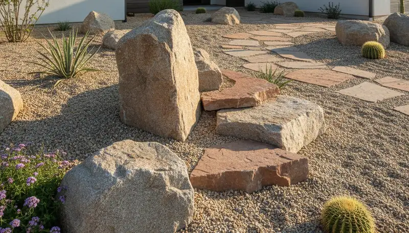 Decorative rock and boulder desertscape installation by landscaping experts in Fresno, CA