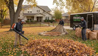 Professional landscapers raking and bagging fall leaves during yard clean up in Fresno, CA