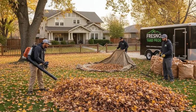 Professional landscapers raking and bagging fall leaves during yard clean up in Fresno, CA