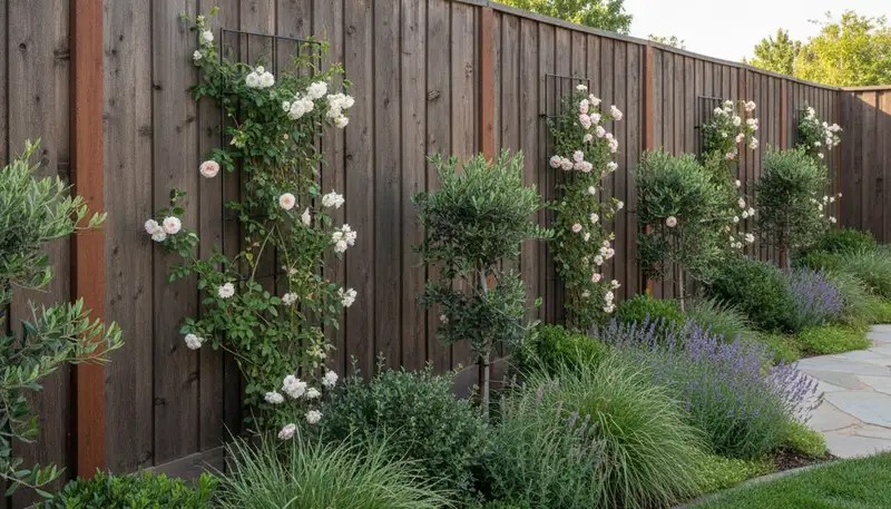 Modern wood fence with integrated garden beds and climbing plants in Fresno, CA landscaping design