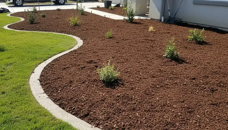 Fresh mulch installation with clean bed edges and rich color by landscaping experts in Fresno, CA