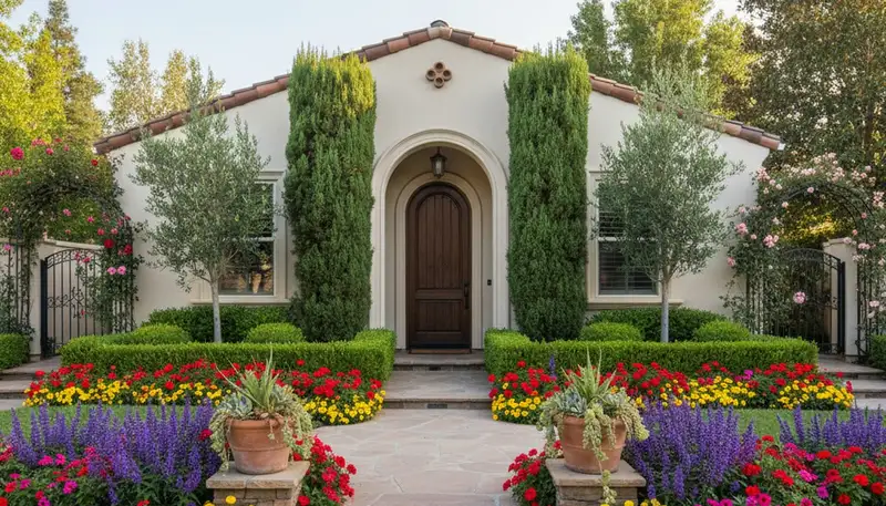 Professional front yard landscape design with flowers and shrubs in Fresno, CA enhancing curb appeal