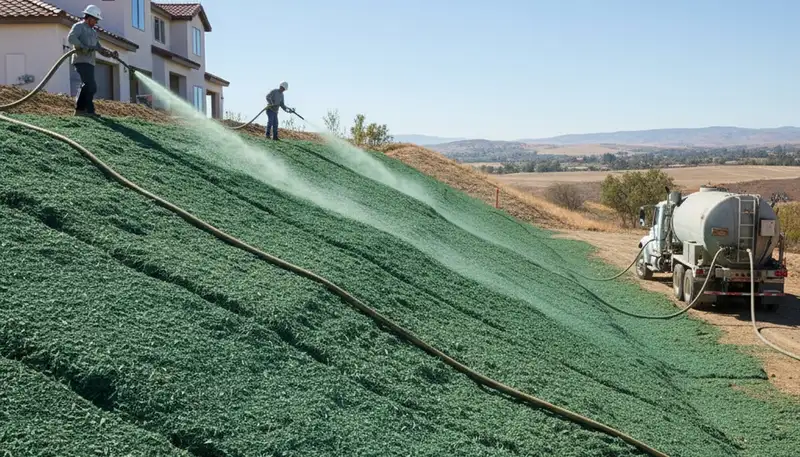 Professional hydroseeding on hillside slope for erosion control in Fresno, CA landscaping project