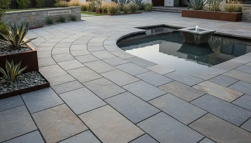 Modern large stone paver patio installation by Chop Chop Landscaping in Fresno, CA