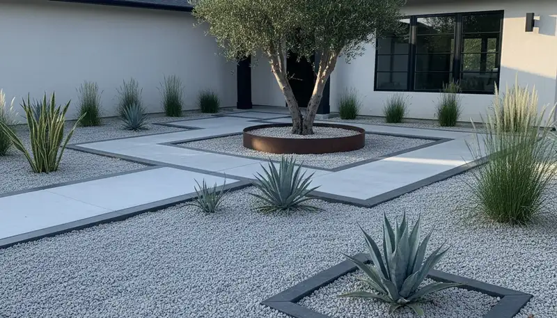 Modern minimalist pea gravel landscape with architectural plants in Fresno, CA by Chop Chop Landscaping