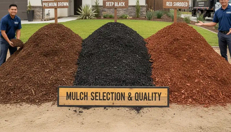 Brown, black, and red mulch variety display for Fresno, CA landscaping by Chop Chop Landscaping