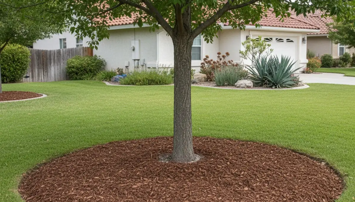 Professional mulch ring installation around tree base in Fresno, CA by expert landscaping team