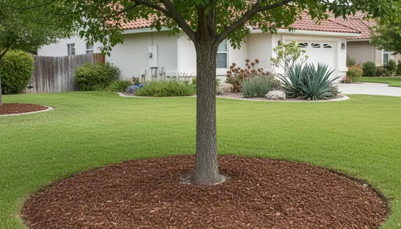 Professional mulch ring installation around tree base in Fresno, CA by expert landscaping team