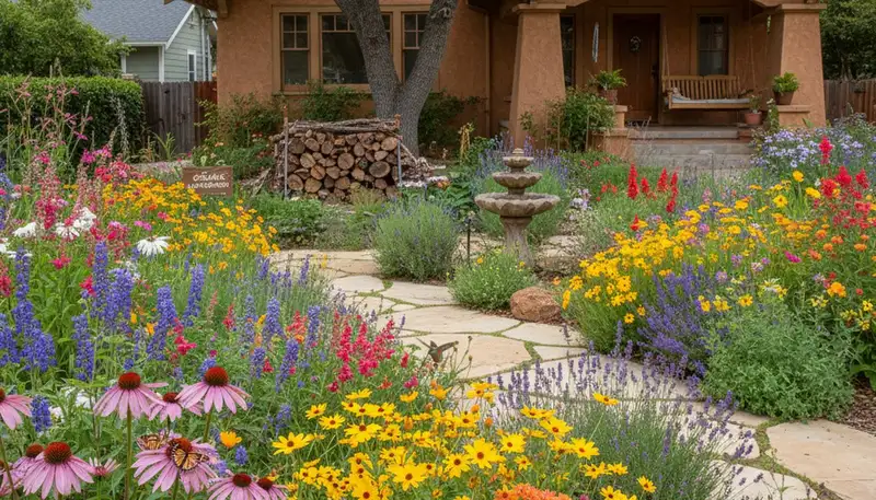 Native pollinator garden with bees and butterflies, organic landscaping in Fresno CA by Chop Chop Landscaping