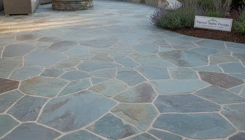 Flagstone patio with natural slate pavers in Fresno, CA by Chop Chop Landscaping exterior design experts