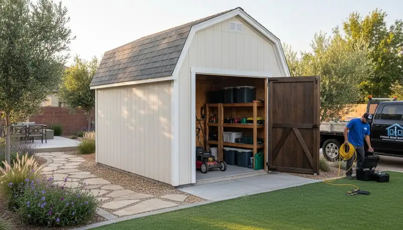 New backyard shed installation with durable foundation by Chop Chop Landscaping in Fresno, CA