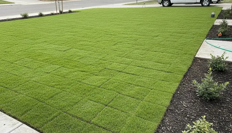 Freshly installed green sod lawn showing instant landscape transformation in Fresno, CA