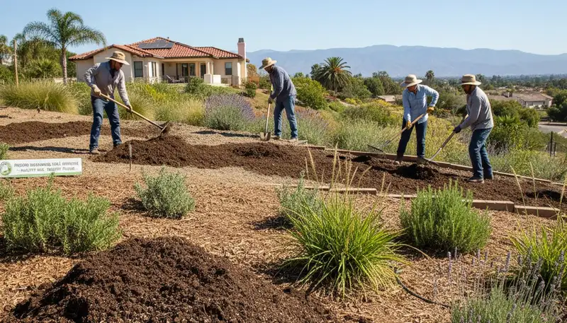 Applying organic compost and natural fertilizer to landscape beds in Fresno, CA