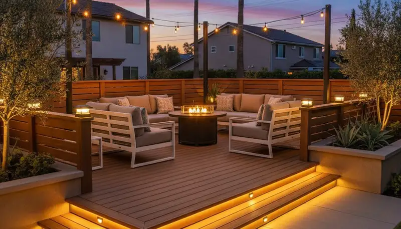 Evening outdoor living space with deck and step lighting by Chop Chop Landscaping in Fresno, CA