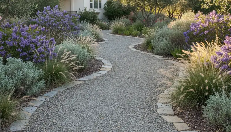 Pea gravel garden pathway with lush landscaping by Chop Chop Landscaping in Fresno, CA