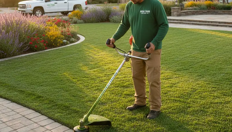 Technician performing precision lawn edge trimming and detail work in Fresno, CA landscaping service