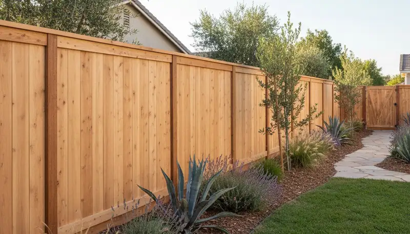 White wooden privacy fence installation by Chop Chop Landscaping in Fresno, CA residential yard