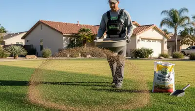 Lawn care technician fertilizing residential yard with spreader in Fresno, CA for Chop Chop Landscaping