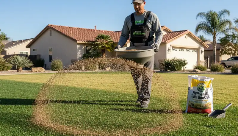 Lawn care technician fertilizing residential yard with spreader in Fresno, CA for Chop Chop Landscaping