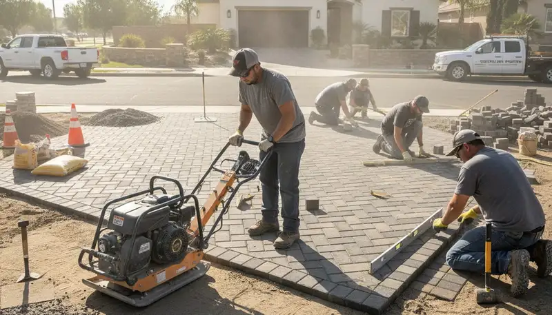 Professional crew installing driveway pavers in Fresno, CA with precise base prep and leveling techniques