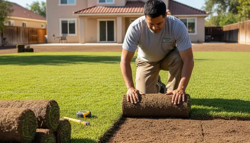 Professional landscaper installing sod rolls with precision in Fresno, CA lawn installation project