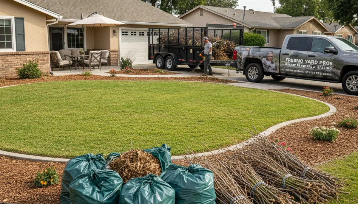 Fresno CA yard debris removal and hauling by professional landscapers clearing branches and waste