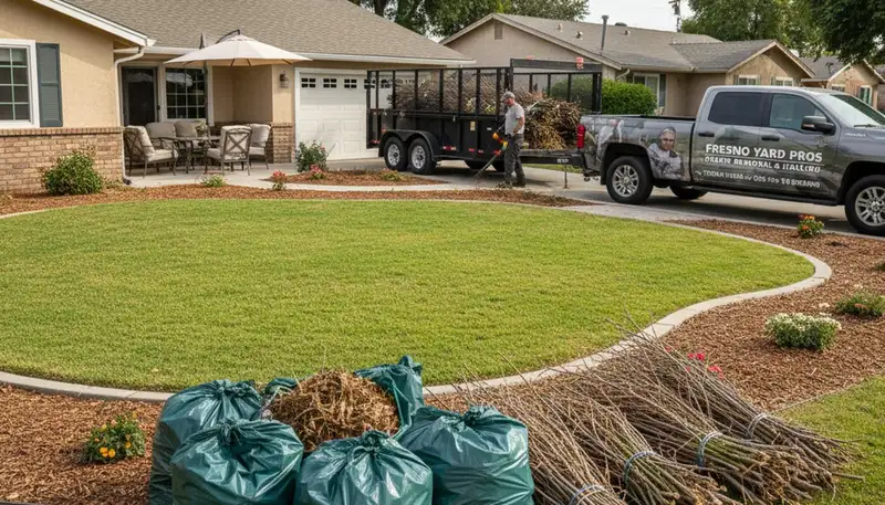 Fresno CA yard debris removal and hauling by professional landscapers clearing branches and waste