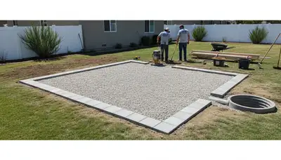 Shed foundation base preparation by Chop Chop Landscaping in Fresno, CA with level gravel pad and drainage