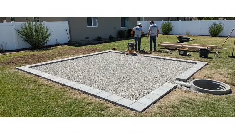 Shed foundation base preparation by Chop Chop Landscaping in Fresno, CA with level gravel pad and drainage