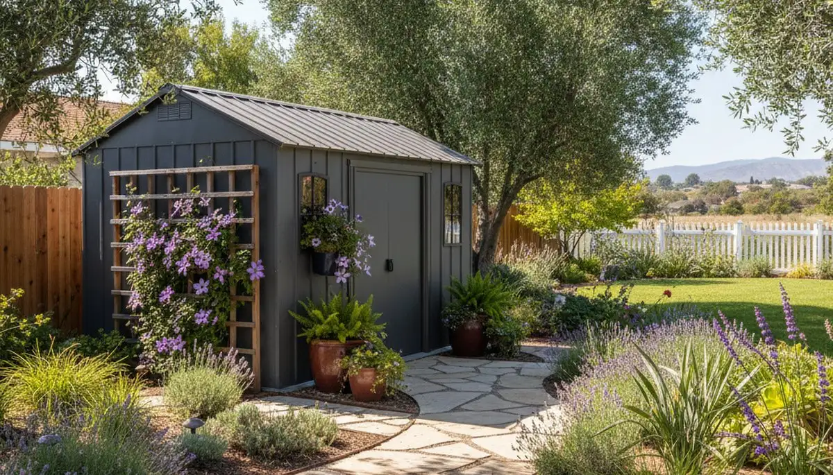 Landscaped shed with pathway and native plants by Chop Chop Landscaping in Fresno, CA