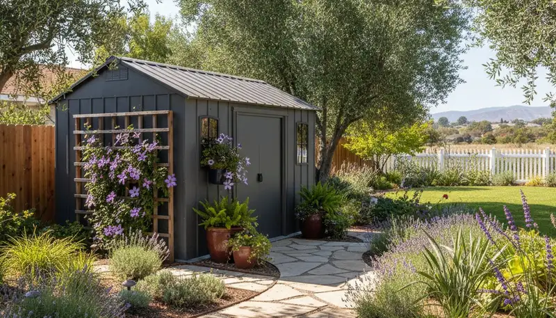 Landscaped shed with pathway and native plants by Chop Chop Landscaping in Fresno, CA