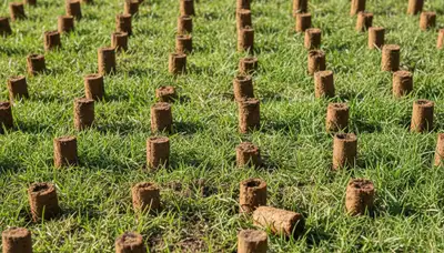Close-up of lawn aeration soil core plugs on Fresno, CA grass by Chop Chop Landscaping