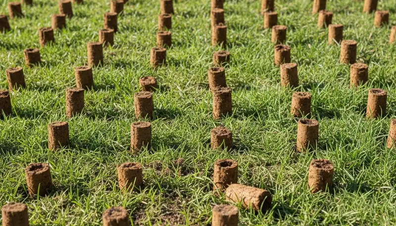 Close-up of lawn aeration soil core plugs on Fresno, CA grass by Chop Chop Landscaping