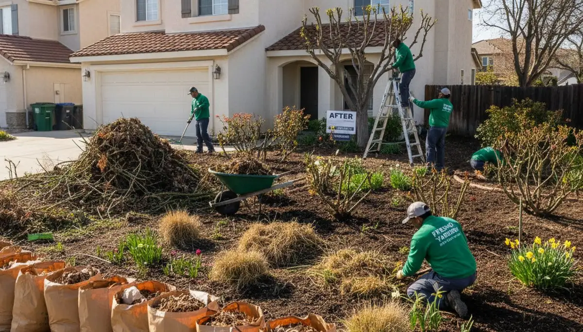 Workers performing spring yard clean up and pruning at a Fresno CA home for landscape refresh