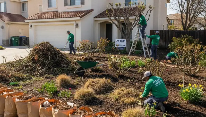 Workers performing spring yard clean up and pruning at a Fresno CA home for landscape refresh