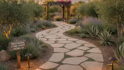Curved stone paver pathway installation by Fresno, CA landscaping experts at Chop Chop Landscaping