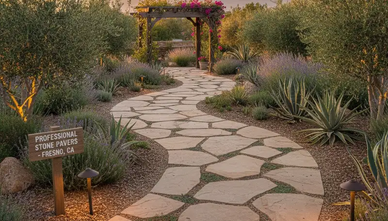 Curved stone paver pathway installation by Fresno, CA landscaping experts at Chop Chop Landscaping