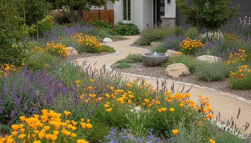 Sustainable native plant garden with drought-tolerant landscaping design in Fresno, CA