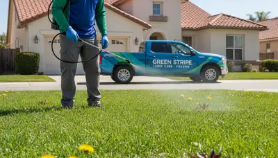 Lawn care technician applying weed control treatment on residential lawn in Fresno, CA