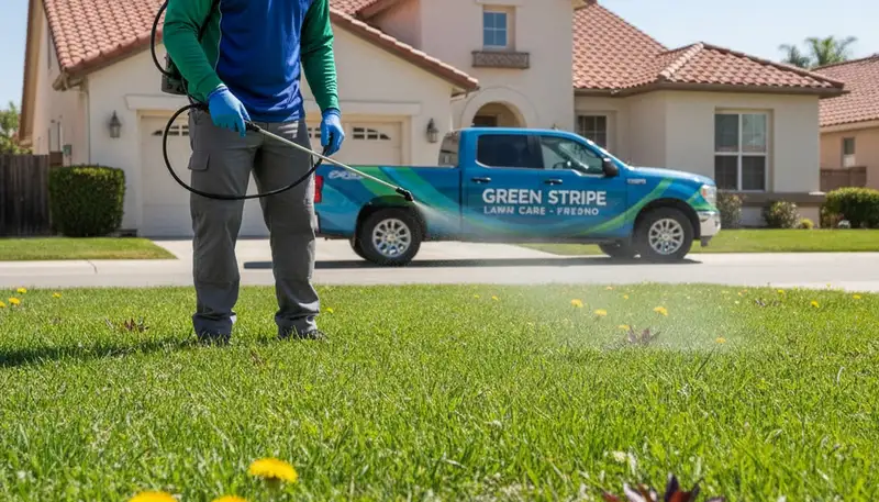 Lawn care technician applying weed control treatment on residential lawn in Fresno, CA