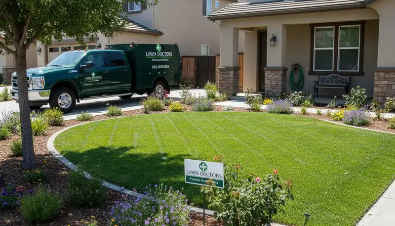 Lush green lawn with crisp edges at a Fresno, CA home showcasing professional lawn maintenance results