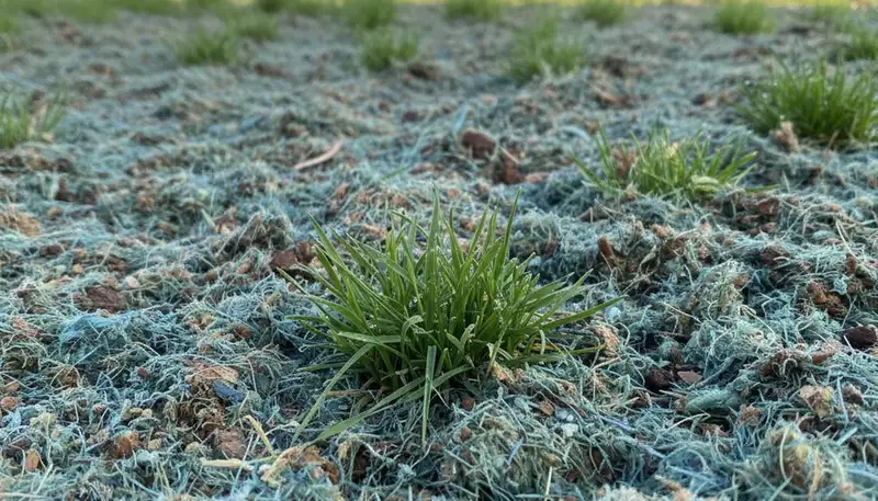 New grass seedlings emerging from hydroseed mulch during a Fresno CA lawn installation by Chop Chop Landscaping